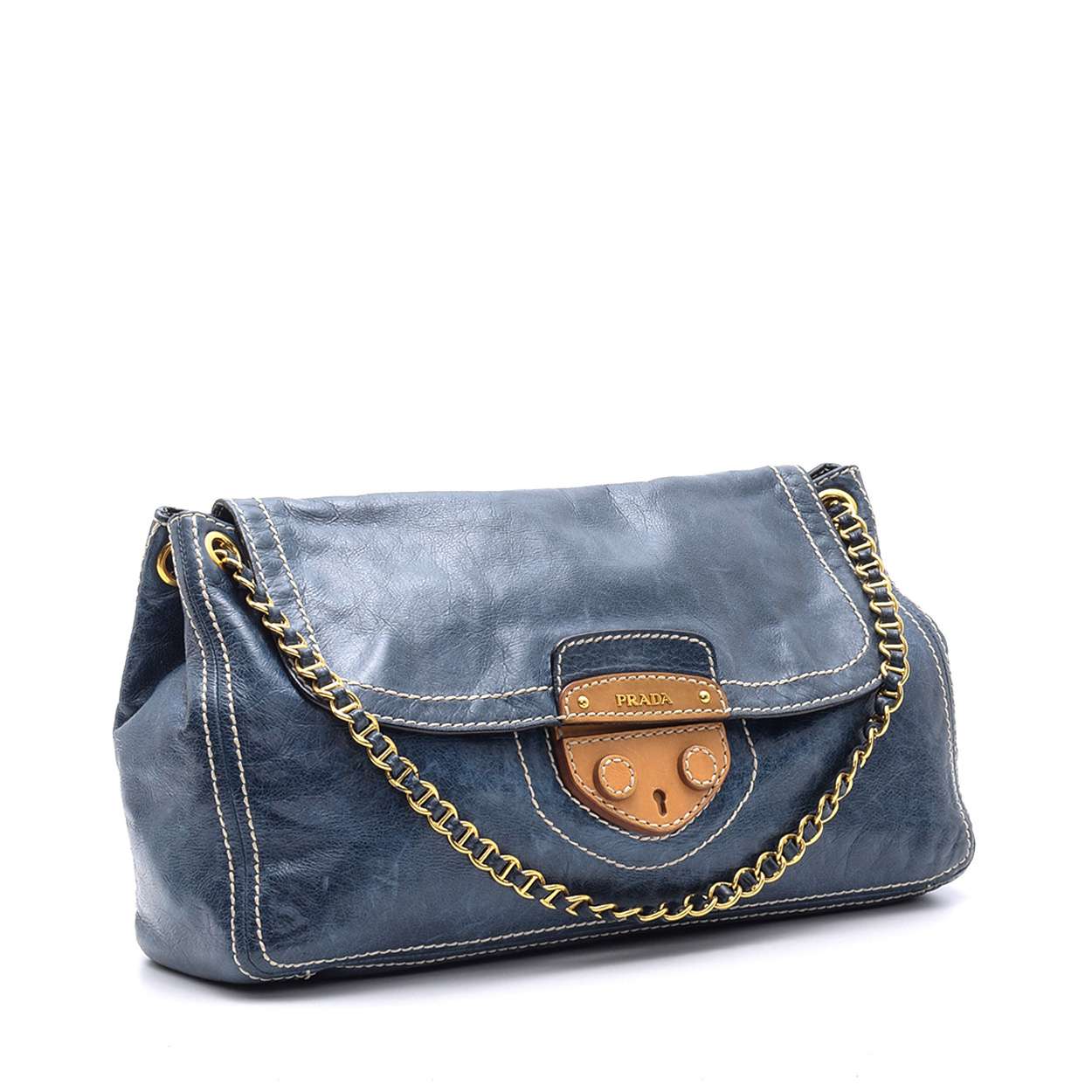 Prada -  Blue Lambskin Leather Chain Shoulder Bag 